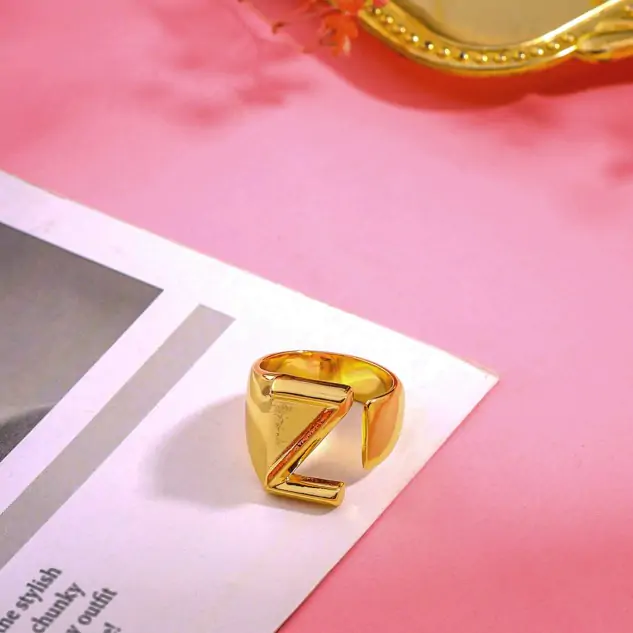 Handcrafted Brass & 18K Gold Plated Initial Ring - Golden, Letter Z