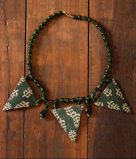 Upcycled Olive Tri Block Printed Handmade Neck-pieces