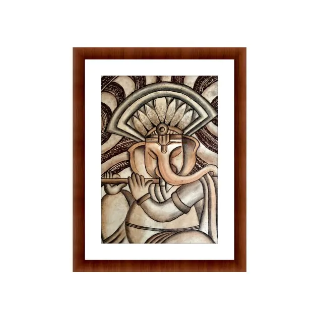 Meditating Ganesh with Magical Flute Organic Painting - Brown & Black