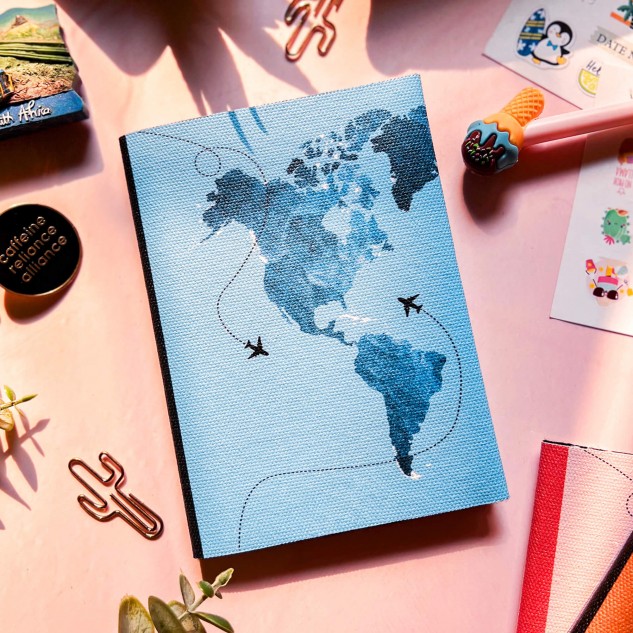 Cotton Canvas World Map Passport Cover - Blue