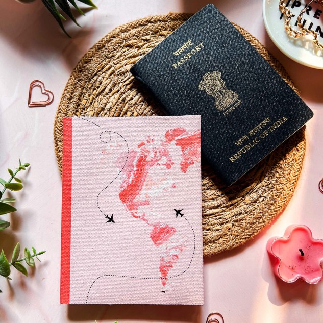 Cotton Canvas World Map Passport Cover - Pink