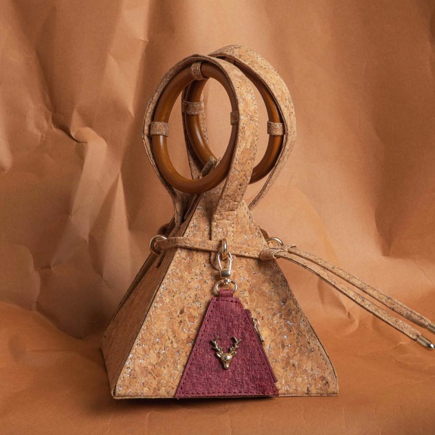Coconut Leather & Cork Pyramid Satchel Bag with Cervid Stud - Brown & Madder Red