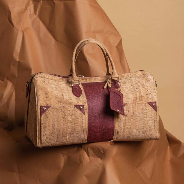Coconut Leather & Cork Cabin Bag with Fox Stud - Brown & Madder Red