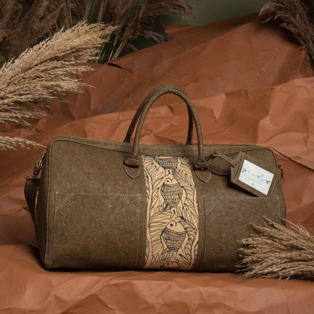 Fish Painted Cork Cabin Bag - Brown & Olive Green
