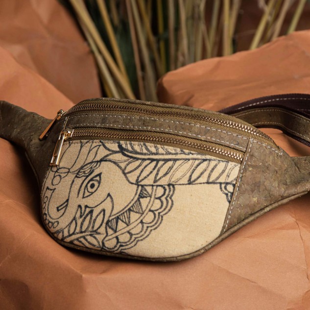 Elephant Painted Cork Waist Pouch - Brown & Olive Green