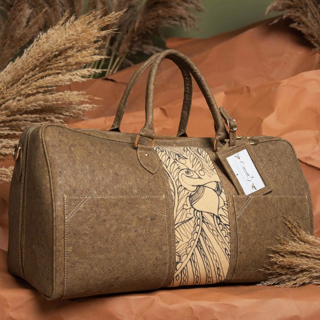 Peacock Painted Cork Cabin Bag - Brown & Olive Green