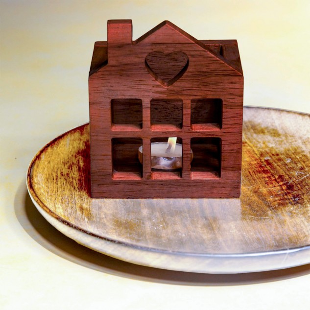 Kado House Shaped Wooden Candle Holder - Brown