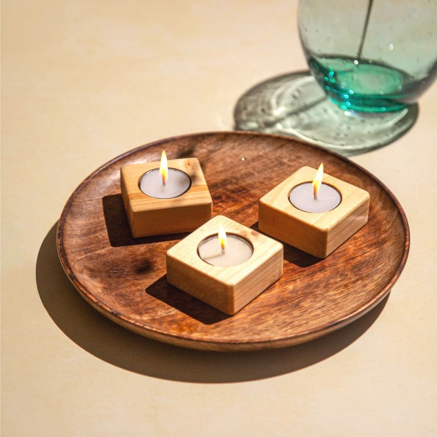 Kado Tiny Minimalistic Wooden Candle Holder - Light Brown, Set of 3