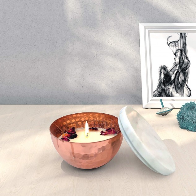 Handmade Hammered Copper Bowl Scented Soy Wax Candle - Copper & White