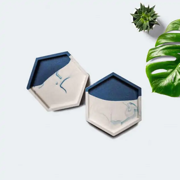 Handmade Hexagon Shape Eco-resin Marble Coaster - Set of 2, Blue & White