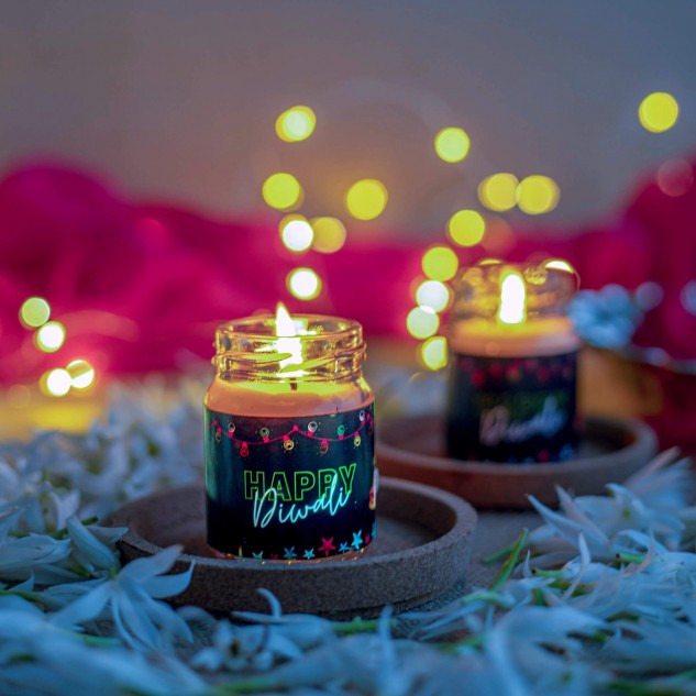 Happy Diwali Soy Wax Jar Candles - Sandalwood, 40 grams each, Set of 2