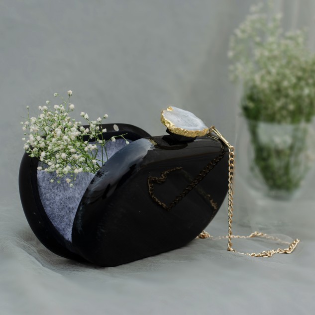Baroque Capsule Clutch with White Stone - Black