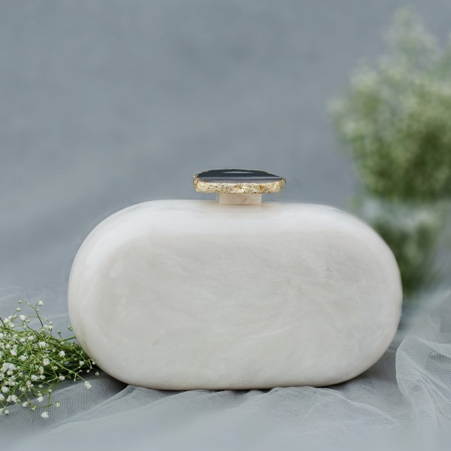 Baroque Capsule Clutch with Black Stone - White