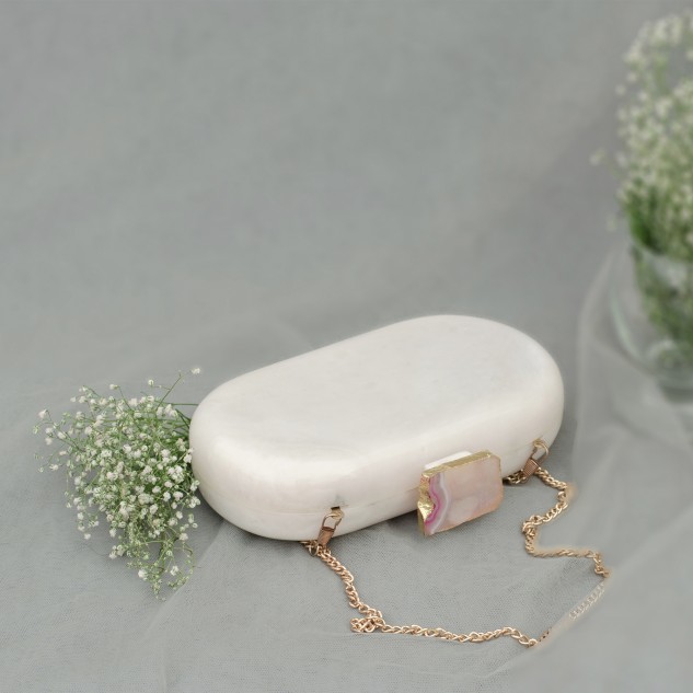 Baroque Capsule Clutch with Pink Stone - White