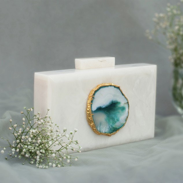 Baroque Rectangular Clutch with Green Stone - White