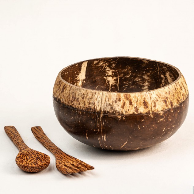 Boho Jumbo Coconut Bowl with Spoon and Fork - 900 ml, Brown