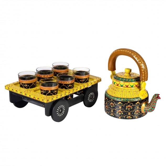 Handicraft Royale Kettle with 6 Glasses & Holder with Decorative Tea Coffee Set