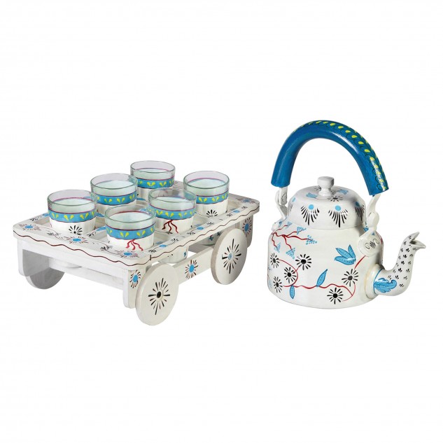 Handicraft Blossom Kettle with 6 Glasses & Holder with Decorative Tea Coffee Set