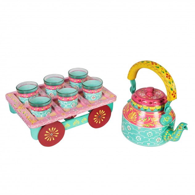 Handicraft Roseate Kettle with 6 Glasses & Holder with Decorative Tea Coffee Set