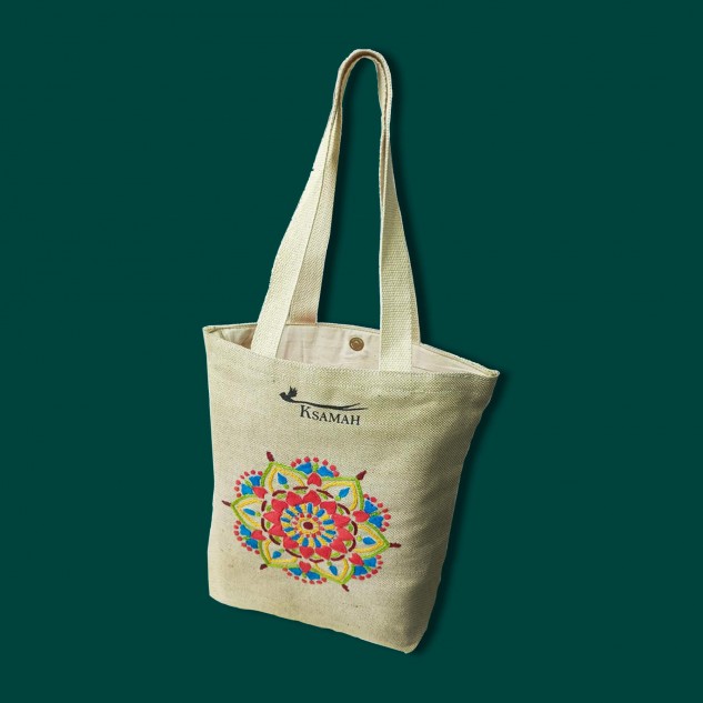 Eco-Friendly Hand Embroidered Alpana Jute Tote Bag