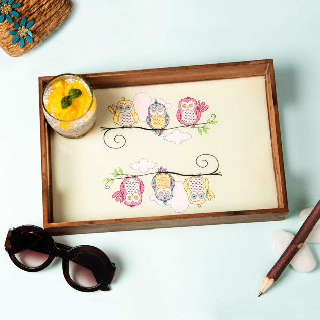 Handmade Wooden Owl Printed Tray - Rectangle