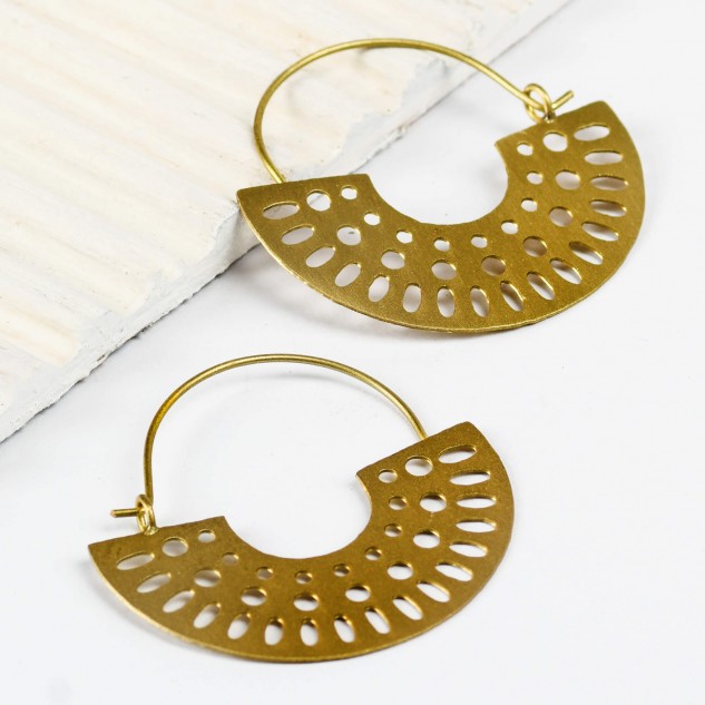 Handcrafted Brass Small Hoop Patterned Earring - Golden