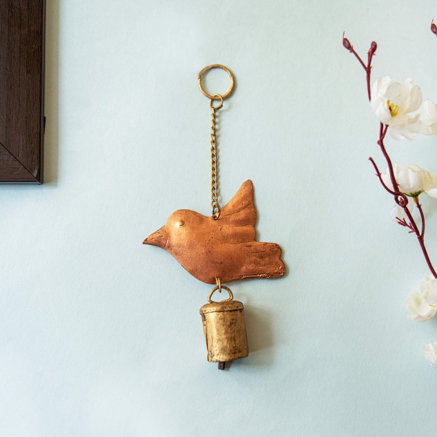 Handmade Copper Bell Keyring with Bird Design