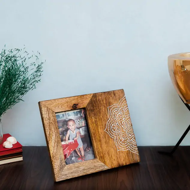 Handmade Wooden Engraved Photoframe - Wooden Brown & White