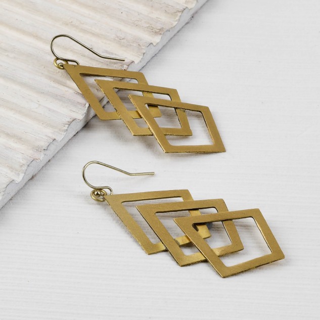 Handcrafted Brass Rhombus Design Earring - Golden
