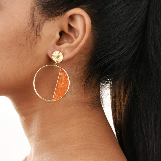 Handcrafted Brass Circle Stud Earring - Orange