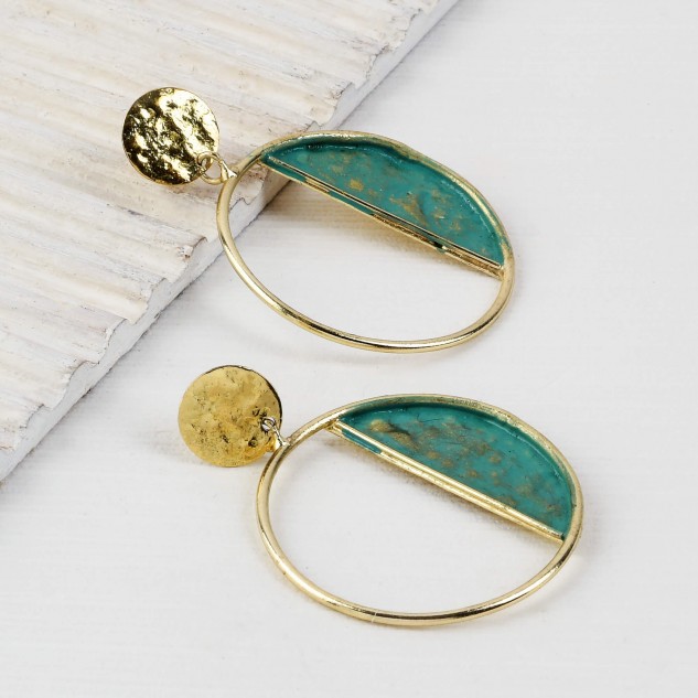 Handcrafted Brass Circle Stud Earring - Sea Green