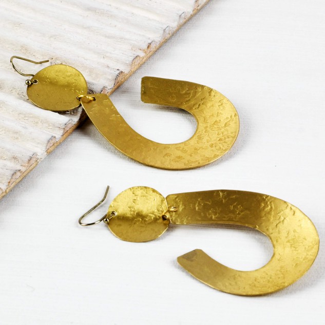 Handcrafted Brass Abstract Textured Earring - Golden
