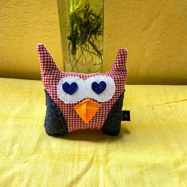 Handmade Baby Owl Toy - Multicolour with Yellow Beaks | Made from Upcycled Fabric